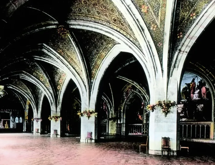 Stampa con cornice : Aachen. Il salone imperiale nel municipio di Aquisgrana, anni '20 Stampa con cornice : Aachen. Il salone imperiale nel municipio di Aquisgrana, anni '20