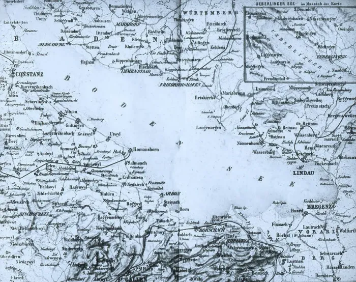 Gerahmter Druck : Bodensee. Eine Übersichtskarte des Gebiets um den Bodensee Gerahmter Druck : Bodensee. Eine Übersichtskarte des Gebiets um den Bodensee