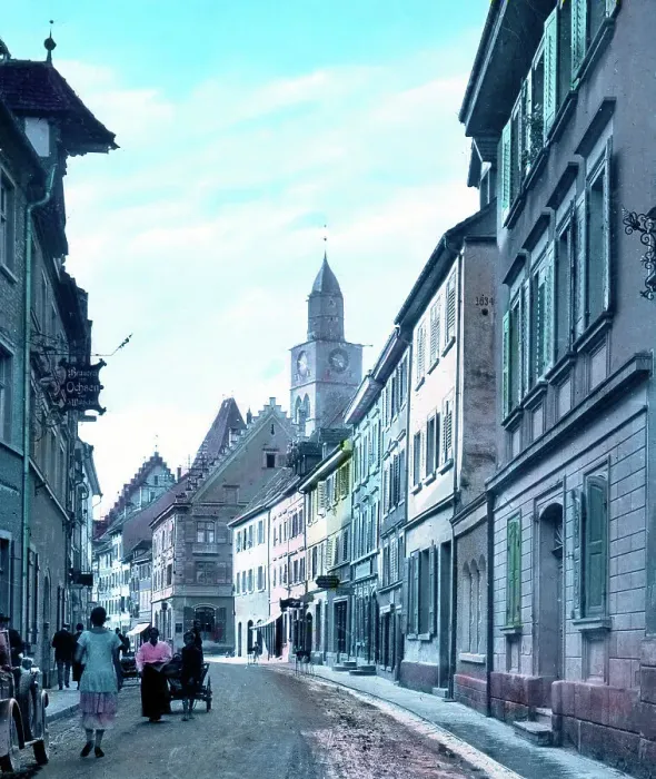 Stampa con cornice : Bodensee. Una piccola strada a Überlingen sul lago di Costanza Stampa con cornice : Bodensee. Una piccola strada a Überlingen sul lago di Costanza