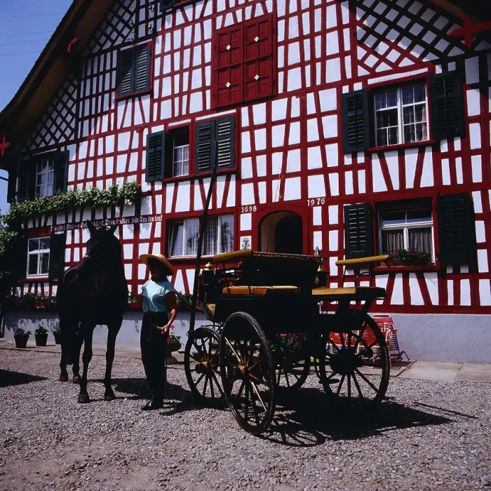 Framed Print : Bodensee. Pferdekutsche vor dem Gut Langgrent in Egnach, Schweiz um 1983 Framed Print : Bodensee. Pferdekutsche vor dem Gut Langgrent in Egnach, Schweiz um 1983