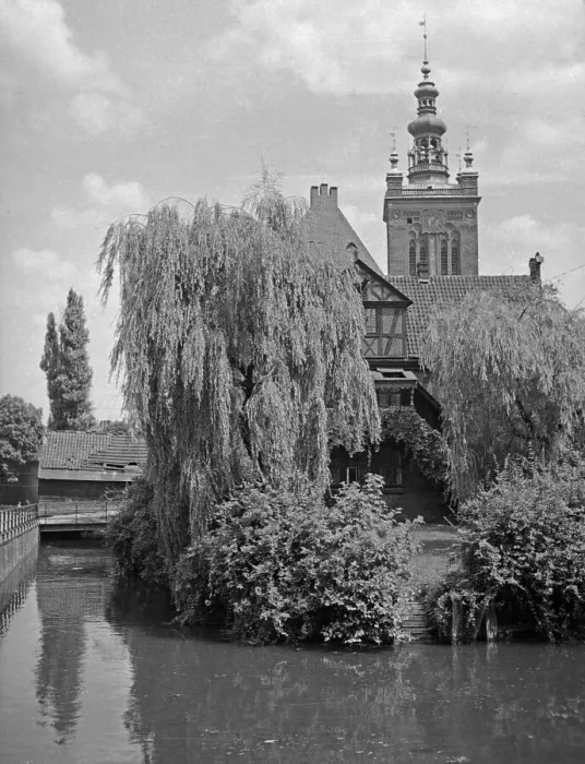 Stampa con cornice : Danzig, vista alla mola e all'omonima chiesa di San Nicolao nel decennio '30 Stampa con cornice : Danzig, vista alla mola e all'omonima chiesa di San Nicolao nel decennio '30
