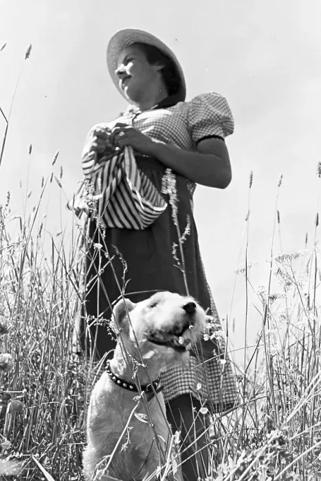 Stampa con cornice : Electrola. Ritratto di una giovane donna con il suo cane, Germania anni '30 Stampa con cornice : Electrola. Ritratto di una giovane donna con il suo cane, Germania anni '30