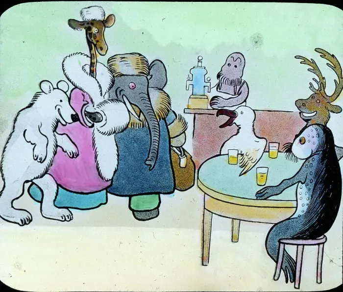 Stampa con cornice : Storia di un Elefante: Egli la portò in un Hotel e Ristorante chiamato Zum Seehundfell. Lì c'era un Renne, una Balena, anche le Foche, i Gabbiani e soprattutto Un Walroß che si era ubriacato con il Lebertran. La giovane donna gridò: 'Oh mio dio! È orribile! Non mi piace affatto! Voglio tornare a casa!' Ma lui disse: 'Prosit Doloros! Mi sembra delizioso!' E lei rispose: 'Ma tu sei il mio marito, io non voglio più bere questo Lebertran!' Tuttavia lui continuava a dire: 'Prosit Doloros! È davvero delizioso!' Quindi perché era coperto di olio bollente (il Tran), ella lo puliva teneramente con la sua proboscide. Stampa con cornice : Storia di un Elefante: Egli la portò in un Hotel e Ristorante chiamato Zum Seehundfell. Lì c'era un Renne, una Balena, anche le Foche, i Gabbiani e soprattutto Un Walroß che si era ubriacato con il Lebertran. La giovane donna gridò: 'Oh mio dio! È orribile! Non mi piace affatto! Voglio tornare a casa!' Ma lui disse: 'Prosit Doloros! Mi sembra delizioso!' E lei rispose: 'Ma tu sei il mio marito, io non voglio più bere questo Lebertran!' Tuttavia lui continuava a dire: 'Prosit Doloros! È davvero delizioso!' Quindi perché era coperto di olio bollente (il Tran), ella lo puliva teneramente con la sua proboscide.
