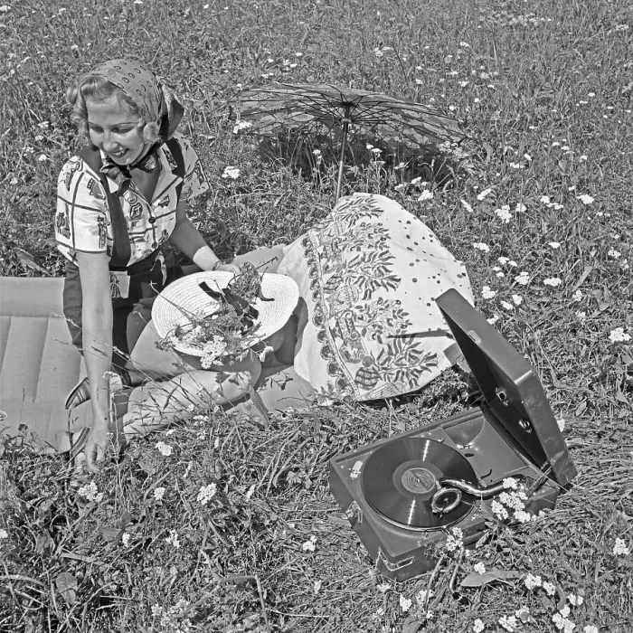 Gerahmter Druck : Freizeit. Eine junge Frau sitsit mit einem Grammophon auf einer Wiese und Gerahmter Druck : Freizeit. Eine junge Frau sitsit mit einem Grammophon auf einer Wiese und