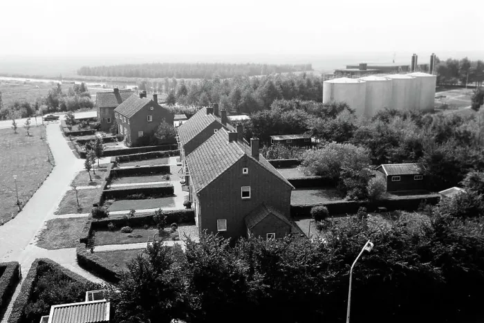 Stampa con cornice : Lelystad. Case nel paesaggio, Lelystad Paesi Bassi 1971 Stampa con cornice : Lelystad. Case nel paesaggio, Lelystad Paesi Bassi 1971