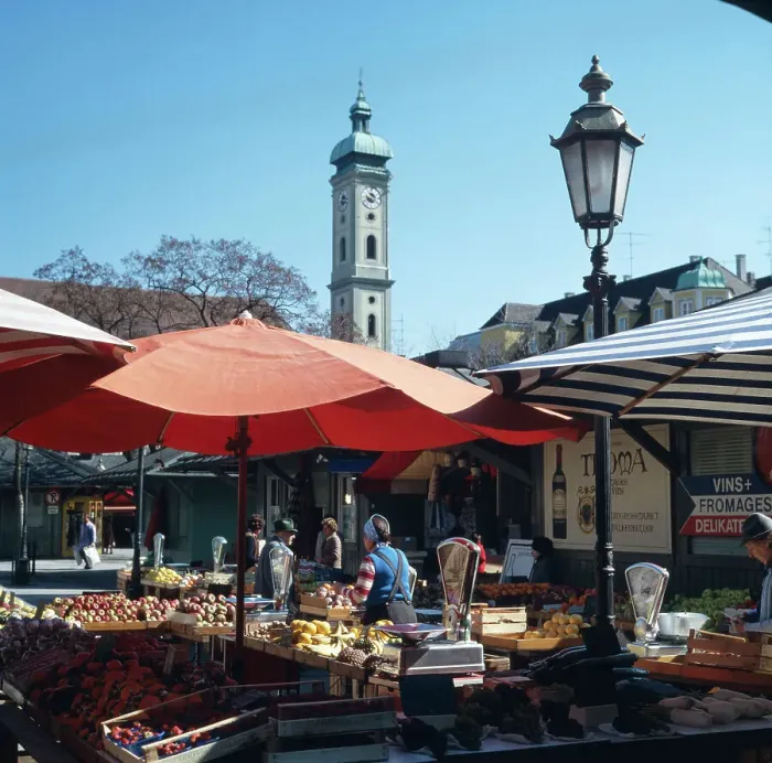 Stampa con cornice : München. Munich (Germania), 1985. Centro storico - Mercato delle Vittualie tradizionale Stampa con cornice : München. Munich (Germania), 1985. Centro storico - Mercato delle Vittualie tradizionale