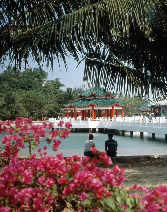 Stampa con cornice : Singapur. Due uomini sedevano da un canale vicino ad un tempio sull'isola di Kusu Stampa con cornice : Singapur. Due uomini sedevano da un canale vicino ad un tempio sull'isola di Kusu