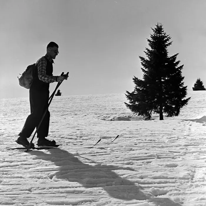 Gerahmter Druck : Winter. Ein Skiläufer zog seine Spuren durch das verschneites Schwarzwaldgebiet