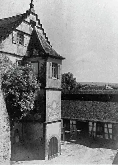 Prints of Ferienfahrt durch fränkische Städte in den 1920er Jahren, hier: Giebel mit Erker im Kloster Comburg Jakob Volk Prints: Fränkische Städte