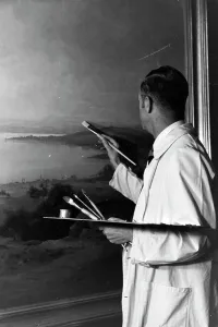 Lartista tedesco Hermann Gradl al lavoro su un suo paesaggio, Germania 1930.