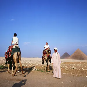 Touristen haben einen Kamelritt auf dem Pyramidenplateau in Gizeh gebucht